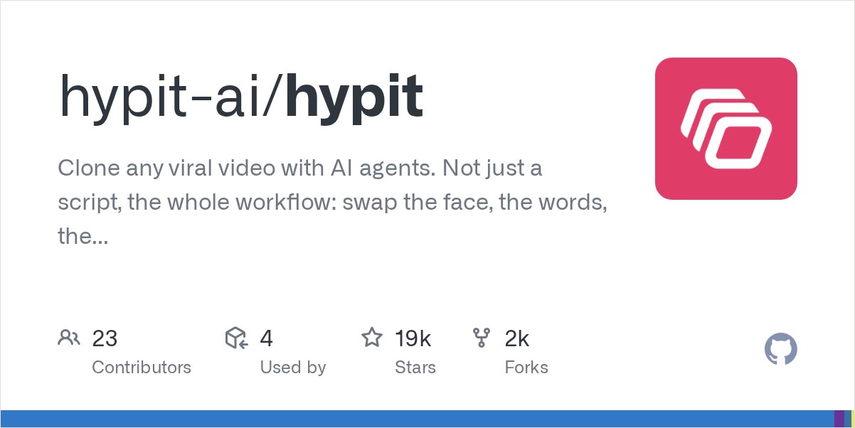 Hypit 开源项目在 GitHub 上的仓库主页，TypeScript 编写，支持克隆爆款视频
