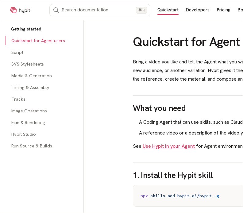 Hypit 官方 Quickstart 文档页，介绍 AI 助手用户的上手流程与环境准备